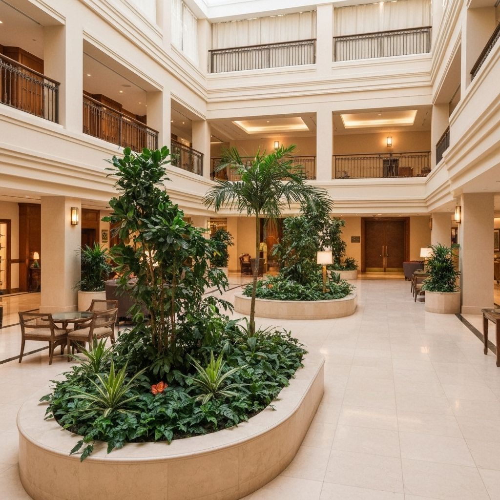 Elegant commercial lobby with statement tropical plants in modern designer planters - Naples interior landscaping design